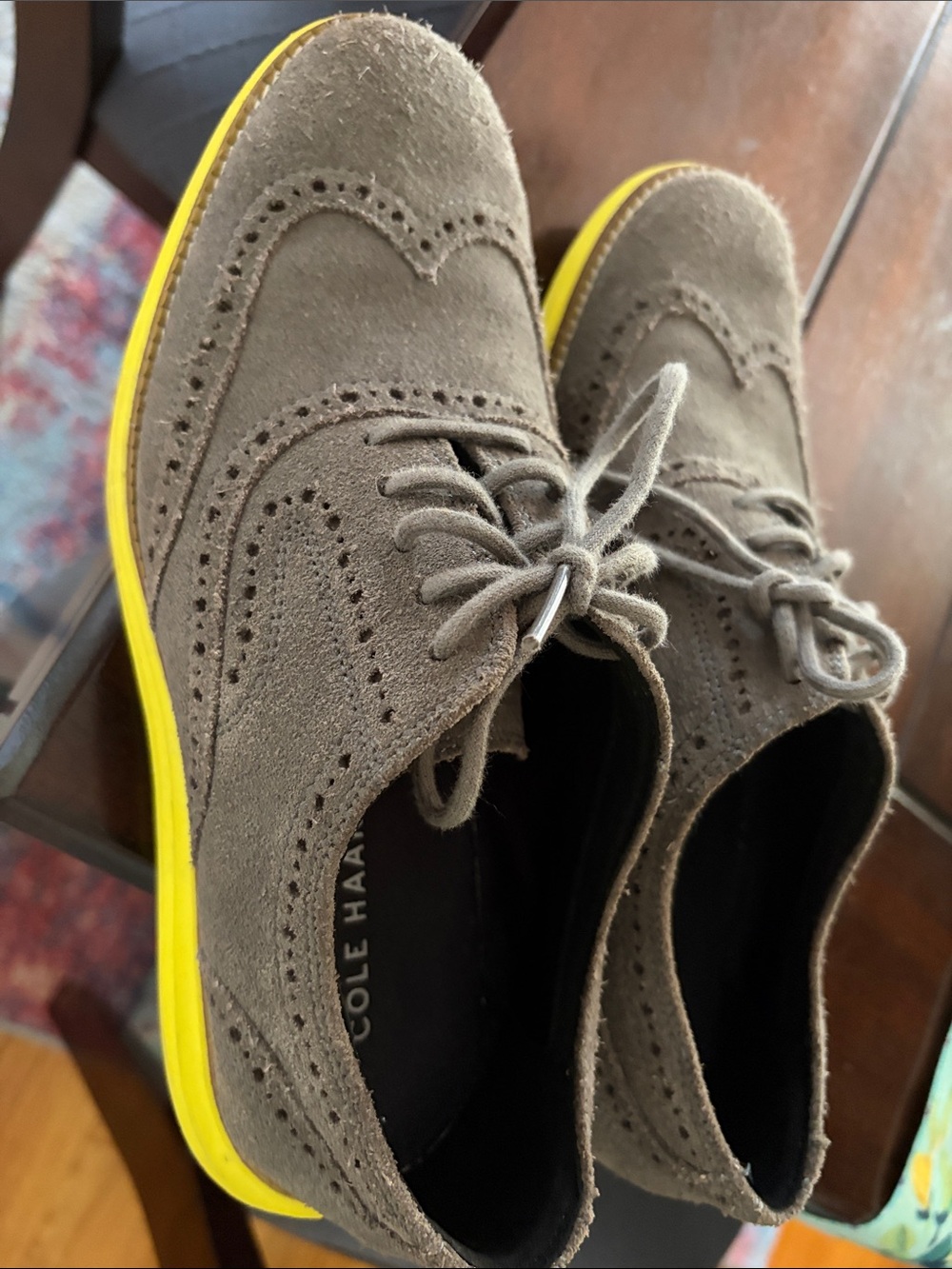 Cole Haan Grey Suede Wingtip Oxfords with Yellow Sole Mens Size 7